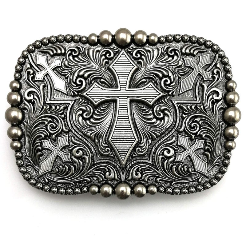 LAXPICOL Native American Vintage Pattern Leaf Cross Rectangle Belt Buckle For Men Grey Tone - Image 1
